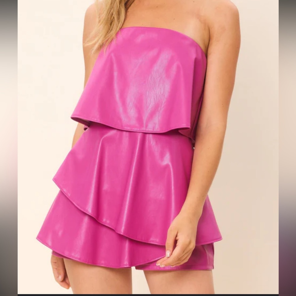 Pink pleather strapless romper new with tags